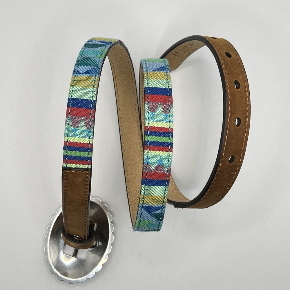 Nocona Textile Leather Stackable Belt Large Blue Multi Silver Buckle‎ Southwest
